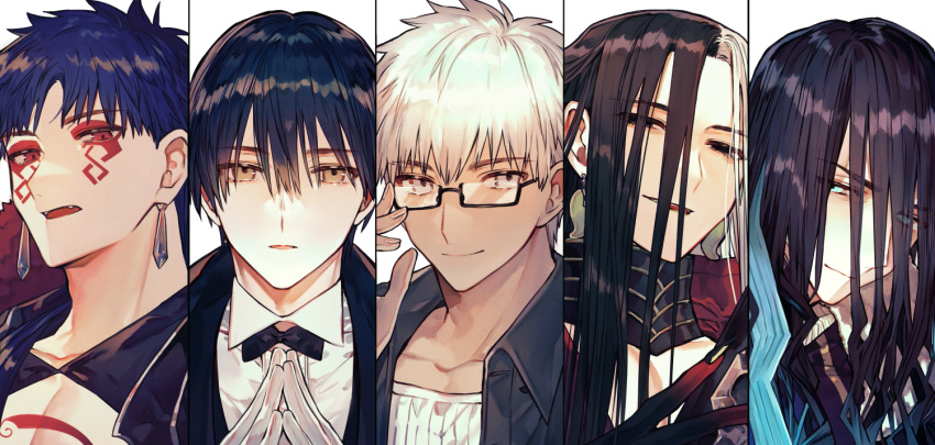 5boys, albino_(a1b1n0623), archer_(fate), ashiya_douman_(fate), black_eyes, black_hair, blue_hair, brown_eyes