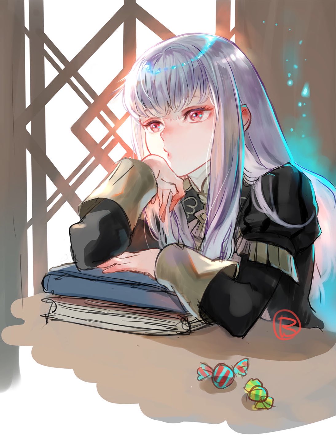 1girl, bangs, book, candy, commentary_request, epaulettes, eyebrows_visible_through_hair, fire_emblem