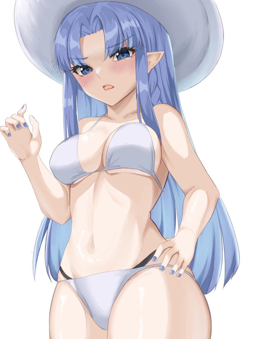1girl, 72_(mmmmkk), bare_shoulders, bikini, black_panties, blue_eyes, blue_hair, blue_nails, blush, braid, breasts, collarbone, commentary_request, cowboy_shot, eyebrows_visible_through_hair, fate/grand_order, fate/stay_night, fate_(series), from_below, hand_on_hip, hand_up, hat, highres, long_hair, looking_at_viewer, medea_(fate), medium_breasts, navel, open_mouth, panties, pointy_ears, side_braid, simple_background, solo, stomach, sun_hat, swimsuit, underwear, white_background, white_bikini, white_headwear