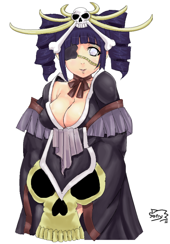 bleach, bleach:_zanpakutou_ibun_hen, bone, breasts, cleavage, cosplay, drill_hair, eyepatch, fusion, hyuuga_hinata, japanese_clothes, katen_kyokotsu, katen_kyokotsu_(cosplay), kimono, naruto, personification, purple_hair, sakuama, short_twintails, skull, solo, twintails, white_eyes
