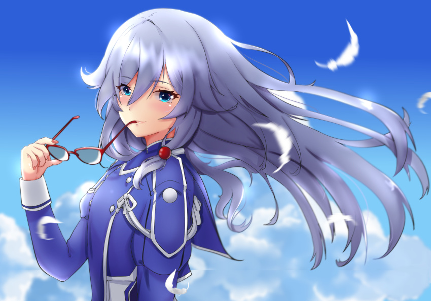 1girl, bangs, black_hair, blue_eyes, blue_sky, closed_mouth, clouds, cloudy_sky