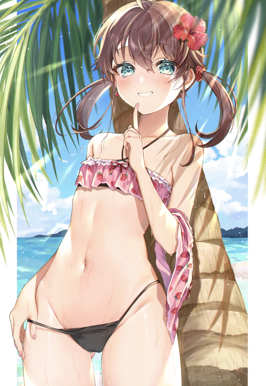 1girl, :d, absurdres, ahoge, aqua_eyes, ass_visible_through_thighs, bangs, bare_shoulders