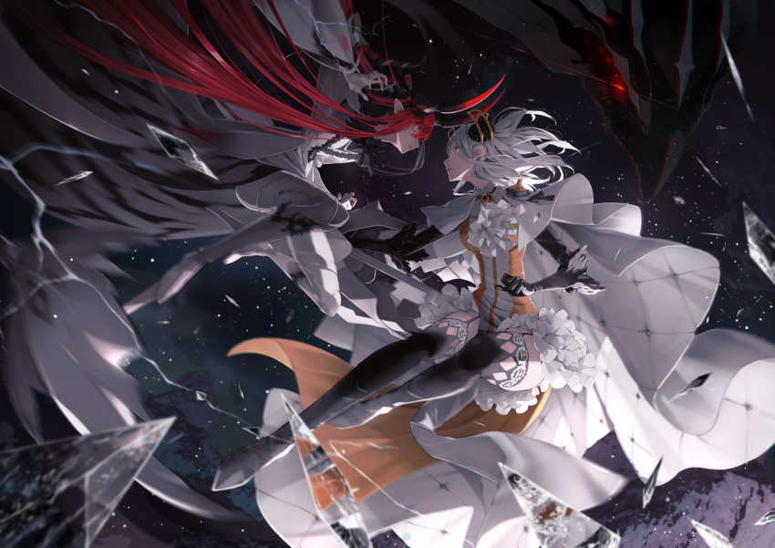 2girls, alchemy_stars, armor, black_gloves, black_hair, blurry, boots, cape