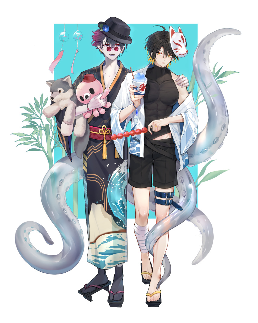 2boys, abs, absurdres, ahoge, alchemy_stars, bamboo, bandaged_leg, bandages, black_headwear, black_legwear, black_shirt, black_shorts, blonde_hair, blue_eyes, blue_hair, bracelet, collarbone, colored_tips, commentary, dodan, fang, flower, fox_mask, full_body, geta, hand_on_another's_shoulder, hat, hat_flower, highres, huge_filesize, hydrad_(alchemy_stars), jacket, japanese_clothes, jewelry, kimono, kleken_(alchemy_stars), light_blue_background, male_focus, mask, mask_on_head, multicolored_hair, multiple_boys, multiple_rings, obi, off_shoulder, pectorals, pince-nez, red-tinted_eyewear, redhead, ring, sash, shaved_ice, shirt, short_hair, shorts, simple_background, skewer, skin_fang, sleeveless, sleeveless_shirt, socks, stuffed_animal, stuffed_octopus, stuffed_toy, stuffed_wolf, sunglasses, tentacles, thigh_strap, tinted_eyewear, turtleneck, two-tone_background, walking, white_background, white_jacket, wind_chime, yellow_eyes, yukata