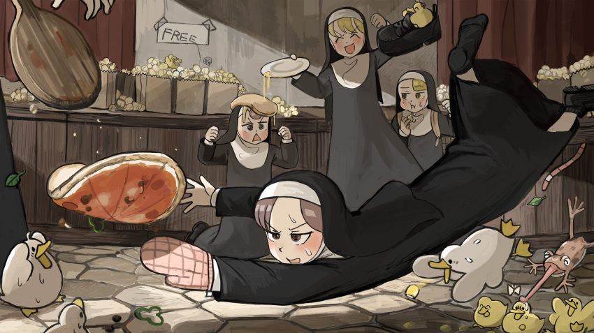 5girls, :d, ^_^, bag, basket, bell_pepper, bird, black_legwear