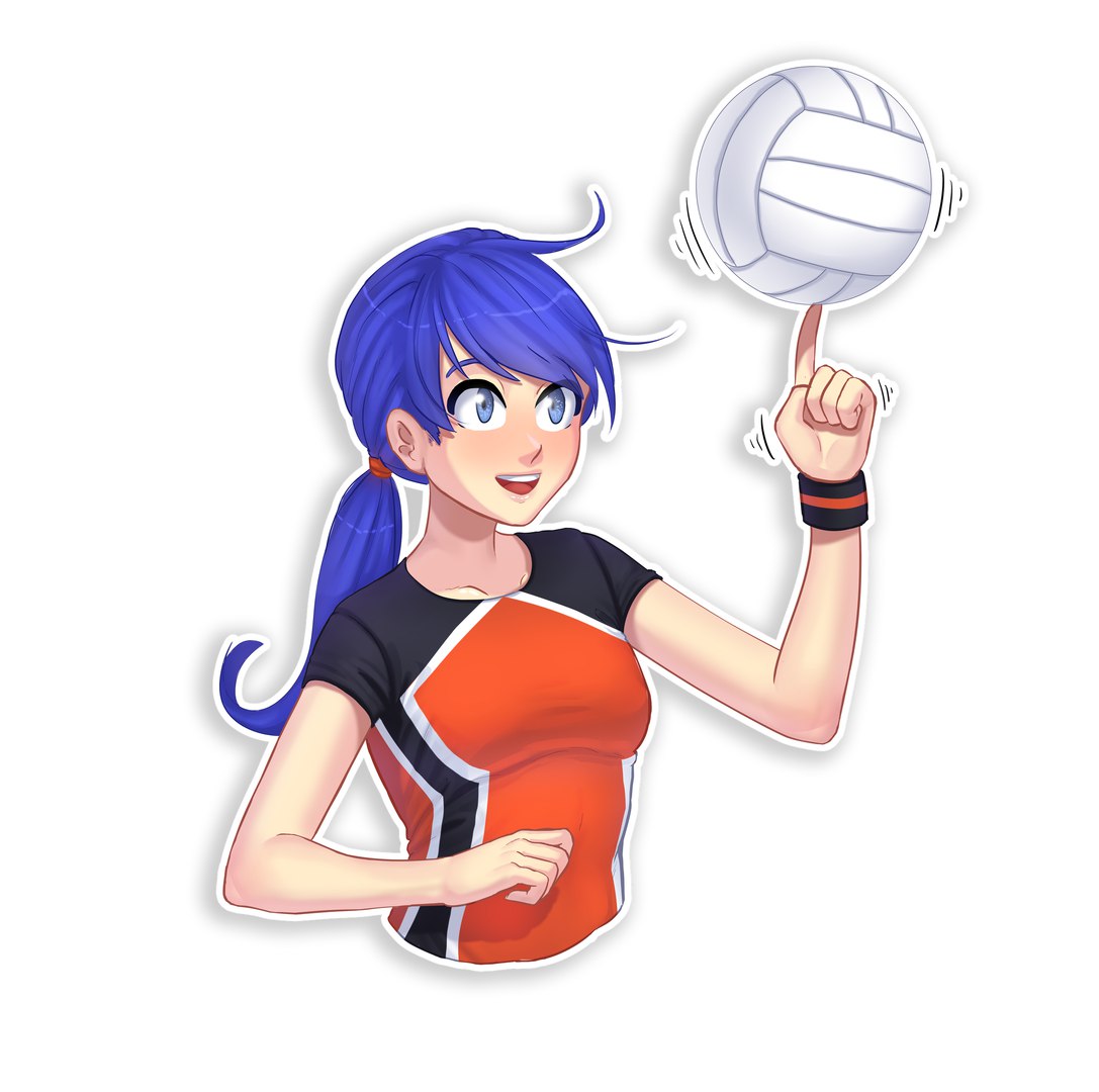 1girl, ball, bangs, blue_eyes, blue_hair, breasts, collarbone, cropped_torso, everlasting_summer, long_hair, looking_away, narwhal_iv, ponytail, red_shirt, samantha_reed_smith, shirt, short_sleeves, simple_background, smile, solo, t-shirt, two-tone_shirt, upper_body, upper_teeth, volleyball, white_background, wristband