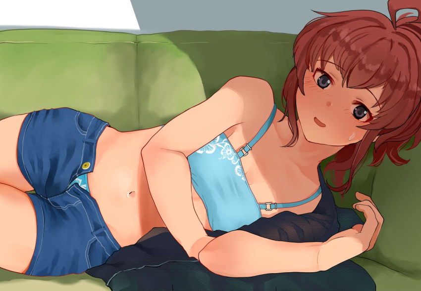 1girl, ahoge, alternate_costume, alternate_hairstyle, arashi_(kancolle), bikini, blue_bikini, blue_eyes