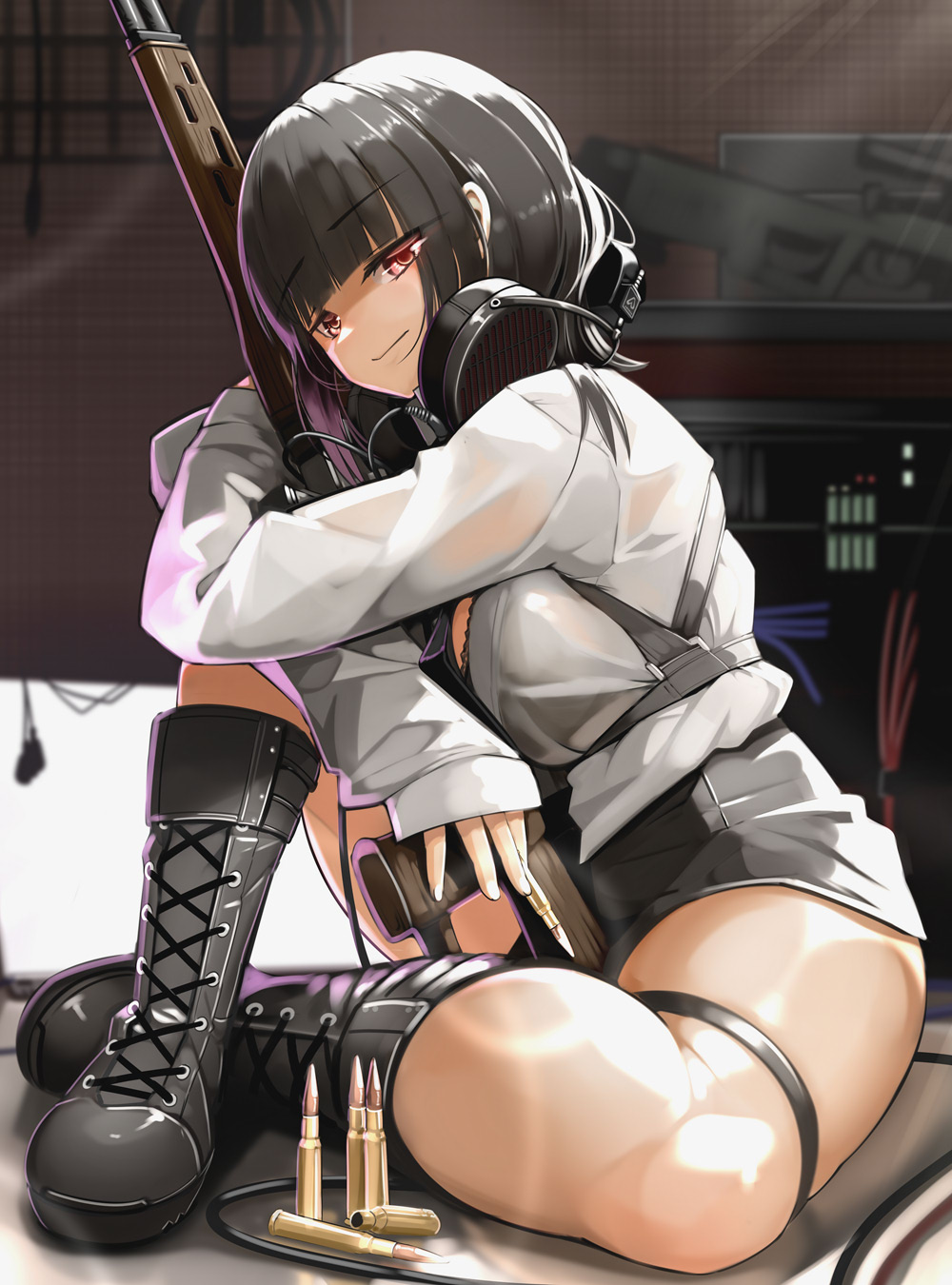 1girl, bangs, black_footwear, black_hair, black_shorts, blunt_bangs, boots, breasts