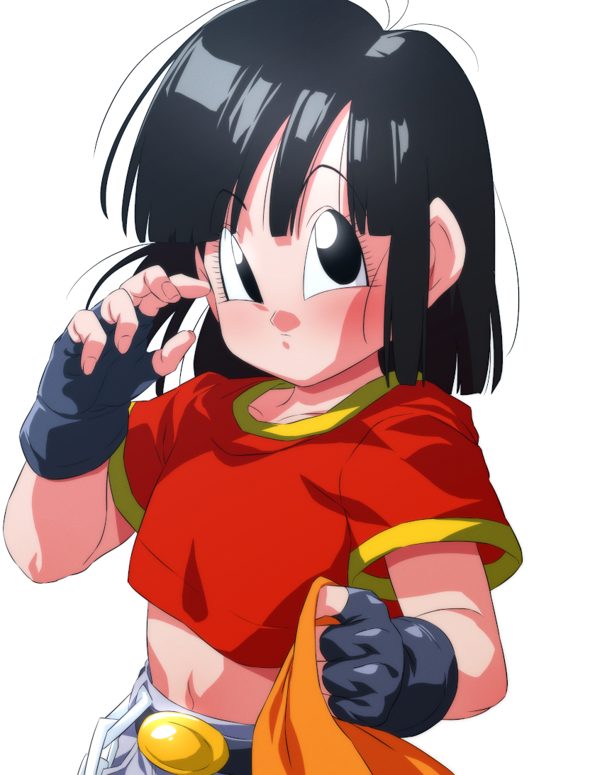 1girl, bandana, bandana_removed, belt, black_eyes, black_gloves, black_hair, closed_mouth
