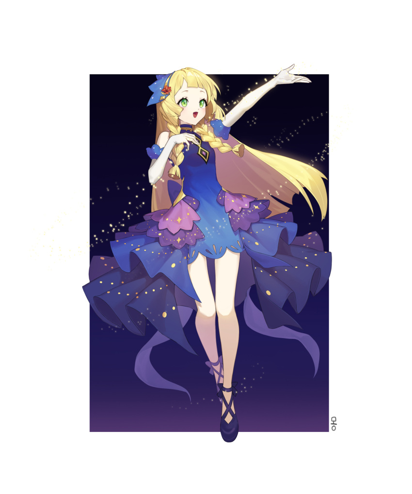 1girl, bangs, bare_shoulders, blonde_hair, blue_dress, blush, braid, dress, elbow_gloves, eyelashes, floating_hair, flower, full_body, gloves, gradient_dress, green_eyes, hair_flower, hair_ornament, highres, lillie_(pokemon), long_hair, looking_up, mongguri, official_alternate_costume, open_mouth, orange_flower, outstretched_arm, pokemon, pokemon_(game), pokemon_masters_ex, purple_footwear, smile, solo, symbol-only_commentary, tongue, twin_braids, white_gloves