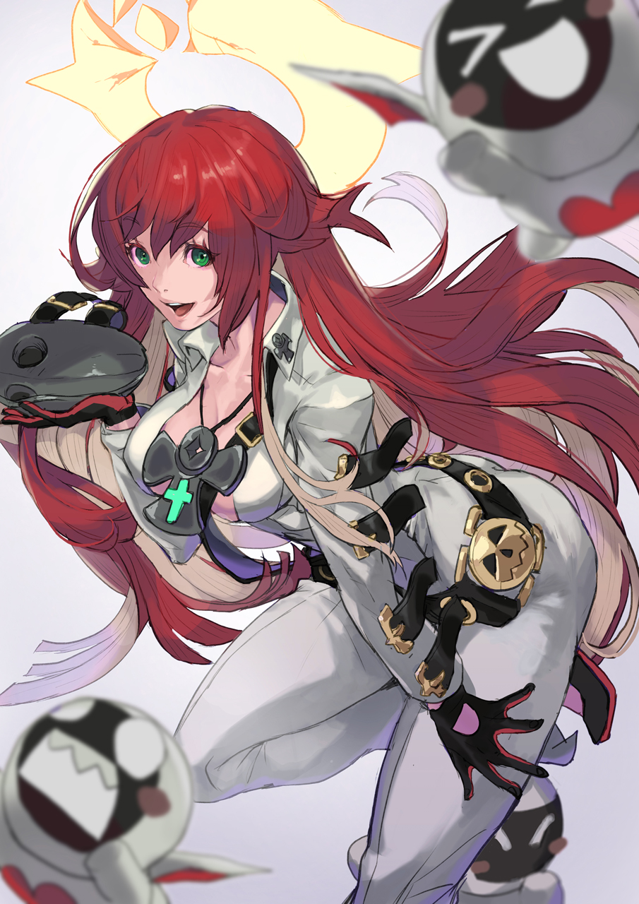 1girl, ankh, ankh_necklace, aria_(guilty_gear), bodysuit, broken_halo, cross, gloves