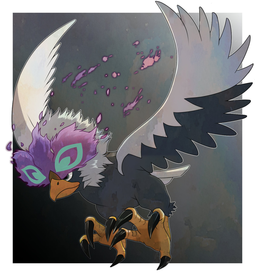 border, closed_mouth, commentary_request, flying, highres, hisuian_braviary, hisuian_form, looking_down