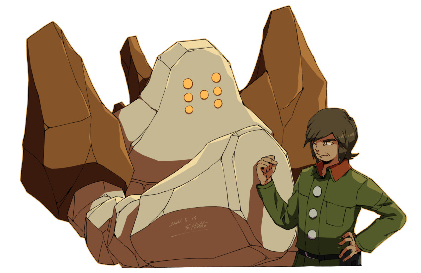 1boy, belt, brandon_(pokemon), brown_hair, buttons, clenched_hand, closed_mouth, collared_jacket