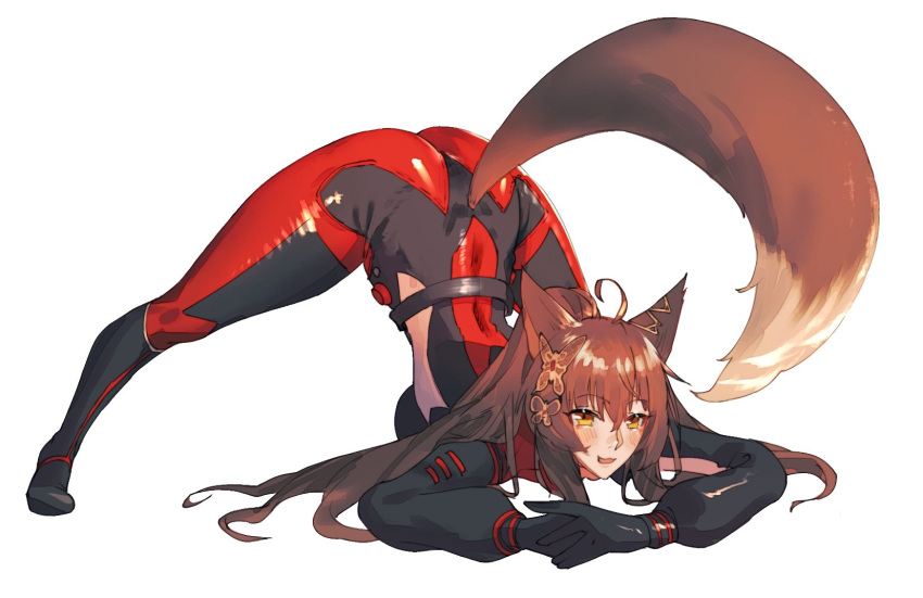 1girl, animal_ears, ass, bangs, black_gloves, bodysuit, breasts, brown_eyes