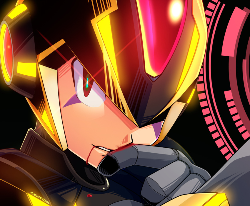 1boy, android, armor, artist_request, black_armor, blood, blood_drip, blood_drop, blood_from_mouth, dark_persona, evil_grin, evil_smile, forehead_jewel, gloves, glowing, glowing_eye, green_eyes, grin, helmet, looking_at_viewer, makeup, male_focus, neon_lights, neon_trim, open_mouth, red_eyes, robot, shaded_face, smile, smug, solo, x, x-kai_(mega_man)