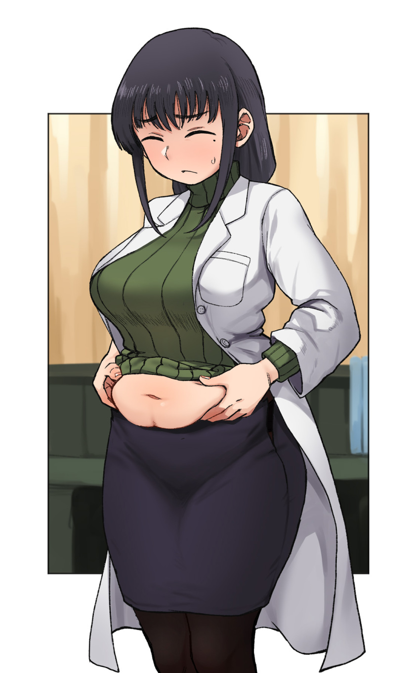 1girl, bangs, belly, black_hair, border, breasts, closed_eyes, coat