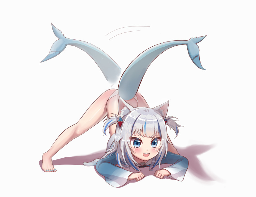 1girl, :3, animal_ears, ass, bangs, barefoot, blue_eyes, blue_shirt