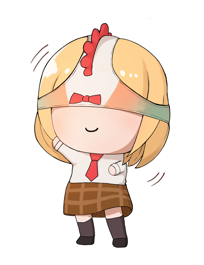 1girl, absurdres, bangs, black_legwear, blonde_hair, bow, brown_skirt, chibi