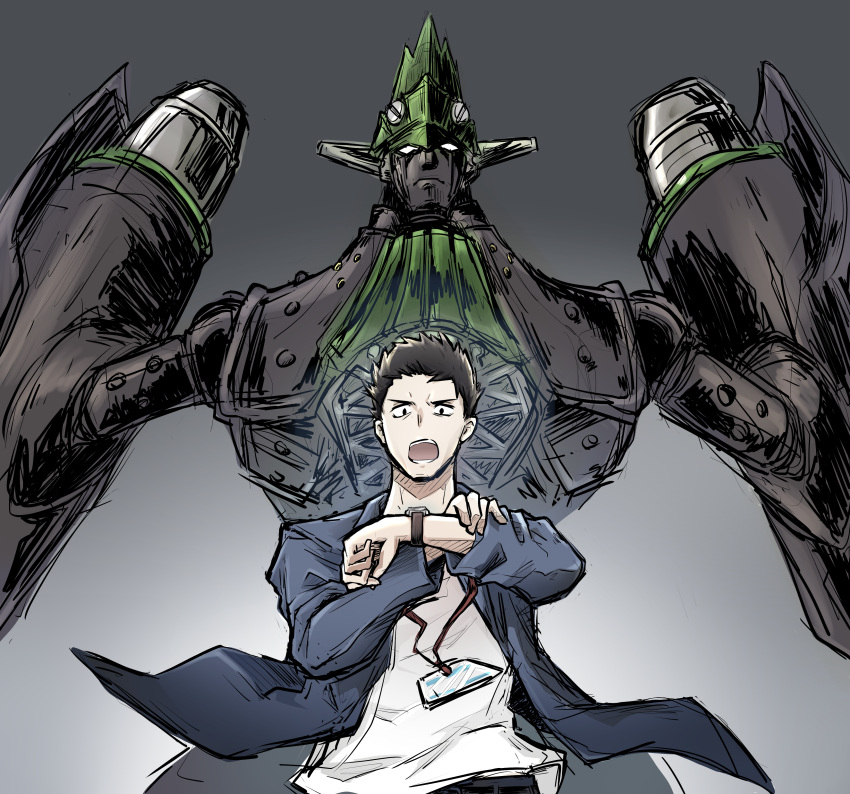 1boy, absurdres, big_o_(mecha), black_eyes, black_hair, blazer, blue_jacket, fusion