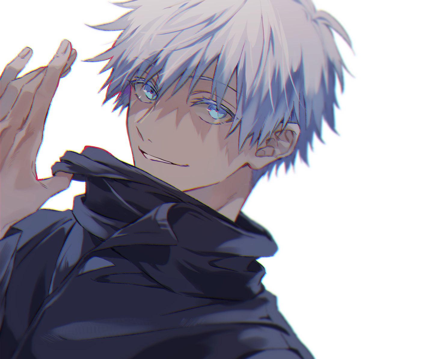 1boy, bangs, black_blindfold, black_jacket, blindfold, blindfold_removed, blue_eyes, gojou_satoru