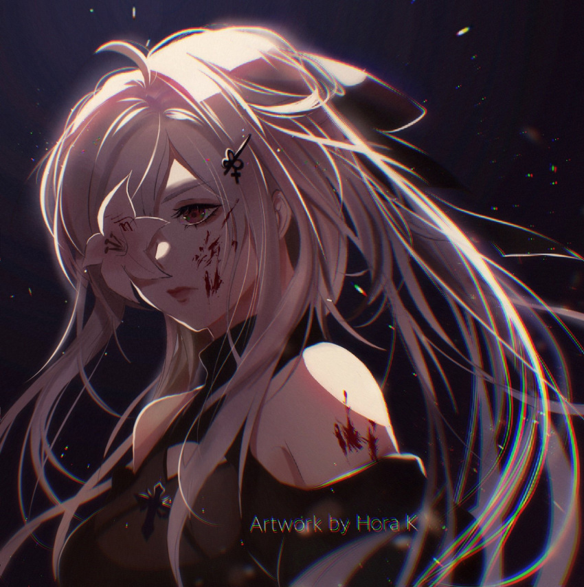 1girl, ahoge, artist_name, bare_shoulders, black_bow, black_dress, blood, blood_on_arm