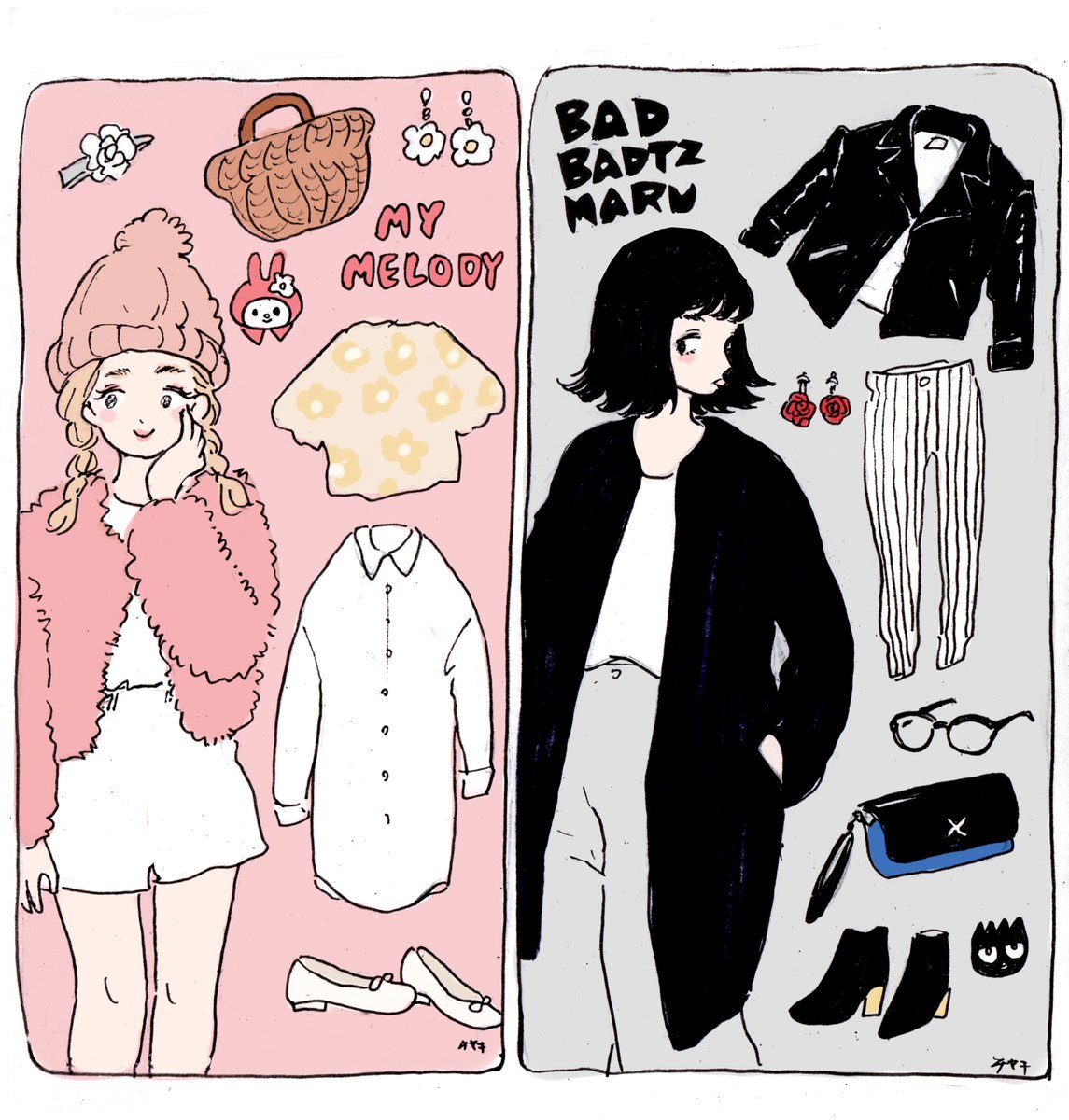 2girls, badtz-maru, bag, basket, black_footwear, black_hair, black_theme, blonde_hair