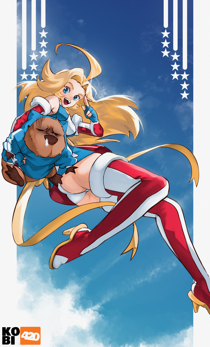 1girl, absurdres, ahoge, animal, artist_name, ass, blue_gloves, blue_hoodie, blue_sky, boots, breasts, capybara, character_request, detached_sleeves, dress, fingerless_gloves, flying, from_below, full_body, gloves, high_heel_boots, high_heels, highres, holding, holding_animal, hood, hoodie, huge_ahoge, huge_filesize, kamen_america, kamen_america_(comic), kobi420, long_hair, looking_at_viewer, medium_breasts, multicolored_footwear, open_mouth, panties, pantyshot, pinup_(style), red_footwear, salute, short_dress, sky, smile, snot, solo_focus, striped_sleeves, superhero, thigh-highs, thigh_boots, thighs, two-finger_salute, underwear, upper_teeth, vertical-striped_footwear, white_footwear, white_panties