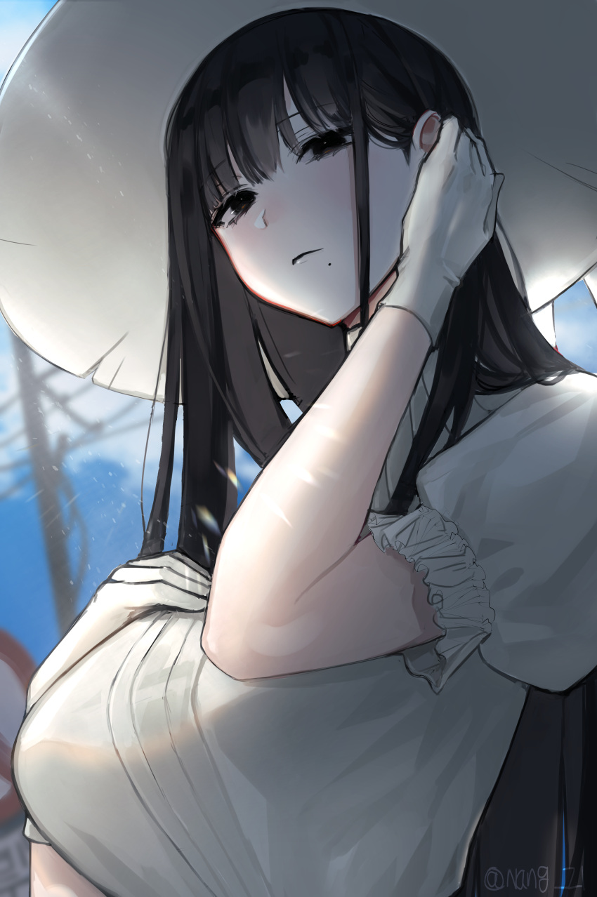 1girl, absurdres, black_eyes, black_hair, blue_sky, blurry, blurry_background, closed_mouth