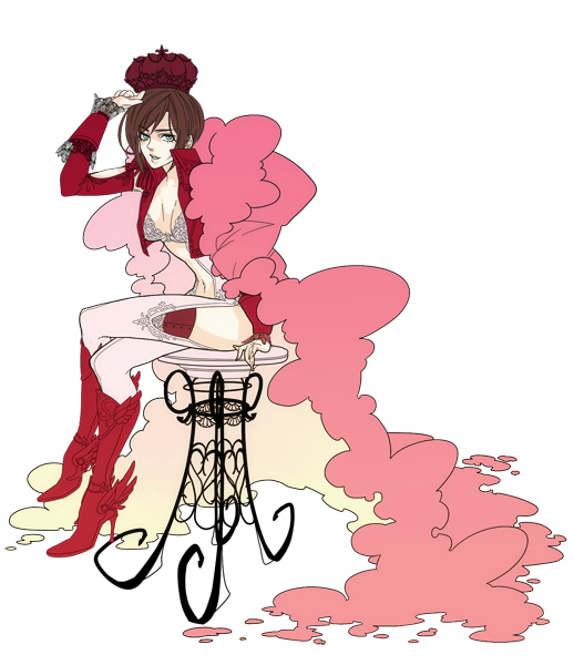 breasts, brown_hair, chair, crossed_legs, crown, lingerie, meiko, red, short_hair, sitting, solo, thigh-highs, thighhighs, underwear, vocaloid, yashi