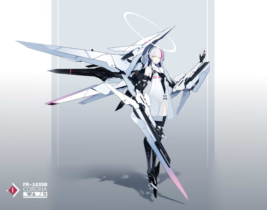 1girl, absurdres, arm_blade, bangs, black_legwear, closed_mouth, dress, english_text