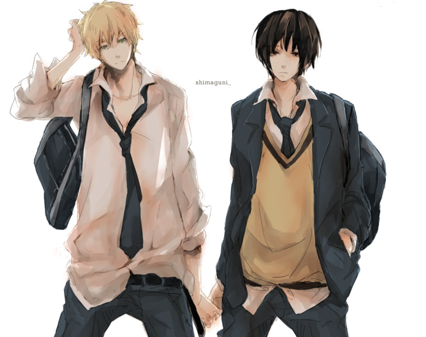 axis_powers_hetalia, backpack, bag, bambino, black_eyes, black_hair, blonde_hair, casual, green_eyes, hand_holding, holding_hands, japan_(hetalia), male, multiple_boys, necktie, shimaguni, united_kingdom_(hetalia)