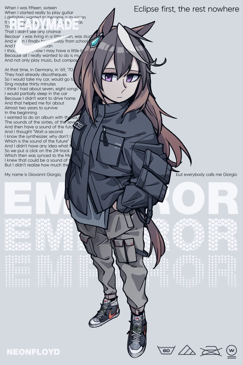 1girl, absurdres, alternate_costume, animal_ears, black_hair, brown_hair, cargo_pants, character_name