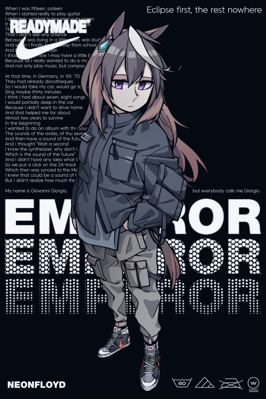 1girl, absurdres, alternate_costume, animal_ears, black_background, black_hair, brown_hair, cargo_pants