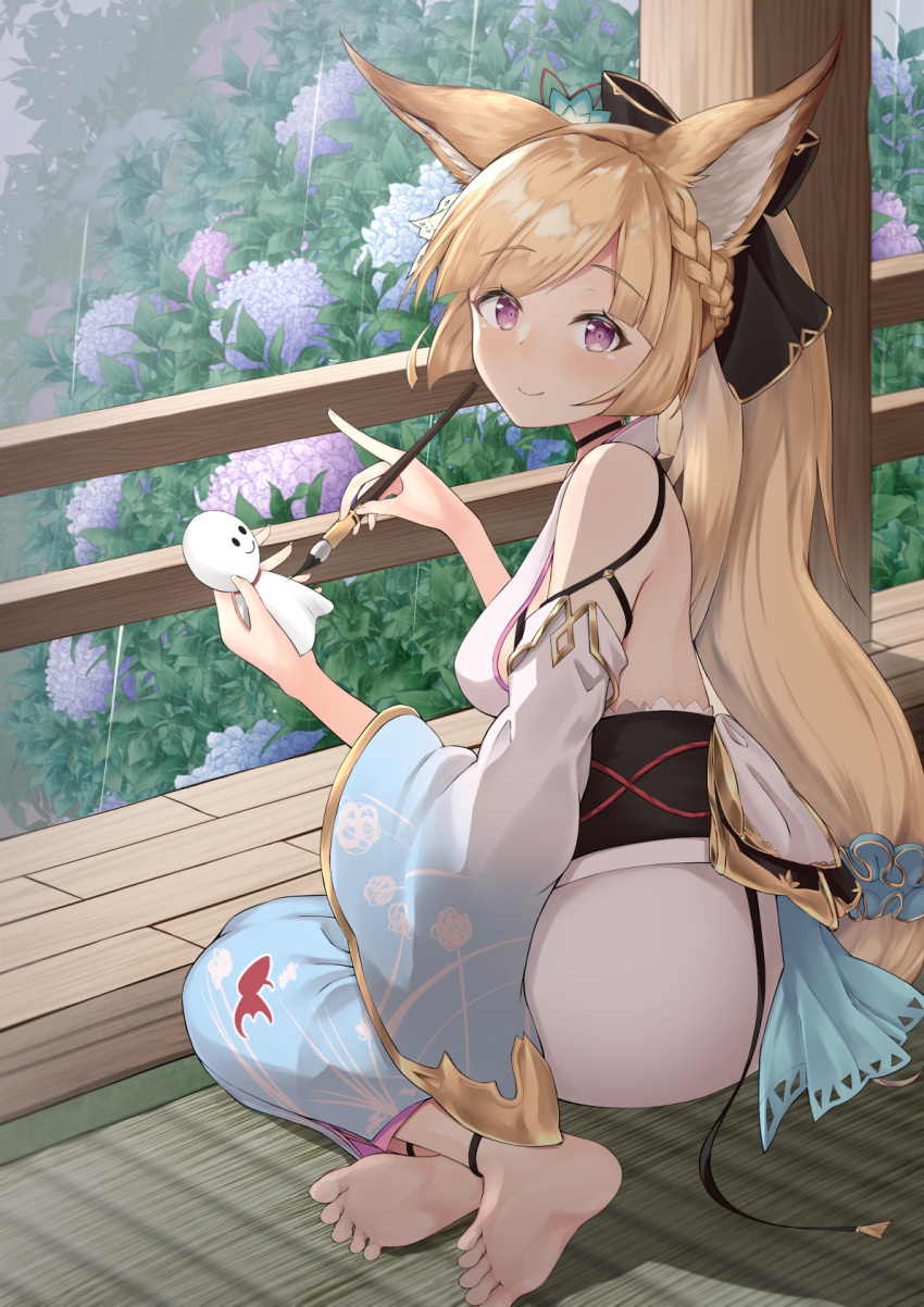 1girl, animal_ears, anklet, armlet, backless_outfit, barefoot, blonde_hair, bow, braid, brush, detached_sleeves, doll, flower, garden, ghost, granblue_fantasy, hair_bow, hair_flower, hair_ornament, highres, hisei, japanese_clothes, jewelry, long_hair, looking_at_viewer, looking_back, obi, painting_(object), rain, sash, sitting, smile, soles, tatami, violet_eyes, wide_sleeves, wooden_floor, yokozuwari, yuisis_(granblue_fantasy)