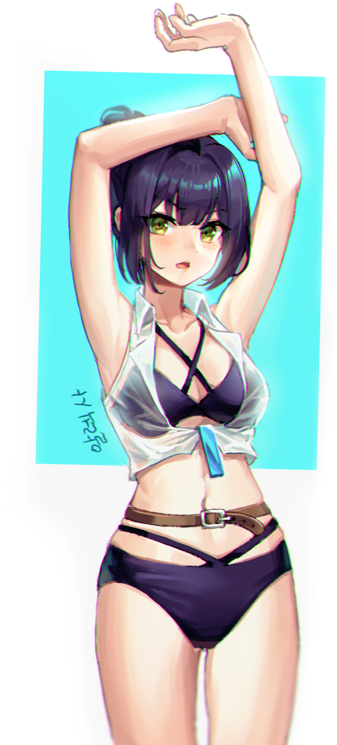 1girl, abstract_background, alexa_(epic_seven), arms_up, belt, bikini, black_bikini, black_hair, blush, epic_seven, green_eyes, gyesungja, hair_bun, halter_top, halterneck, highres, looking_at_viewer, see-through, swimsuit, vest