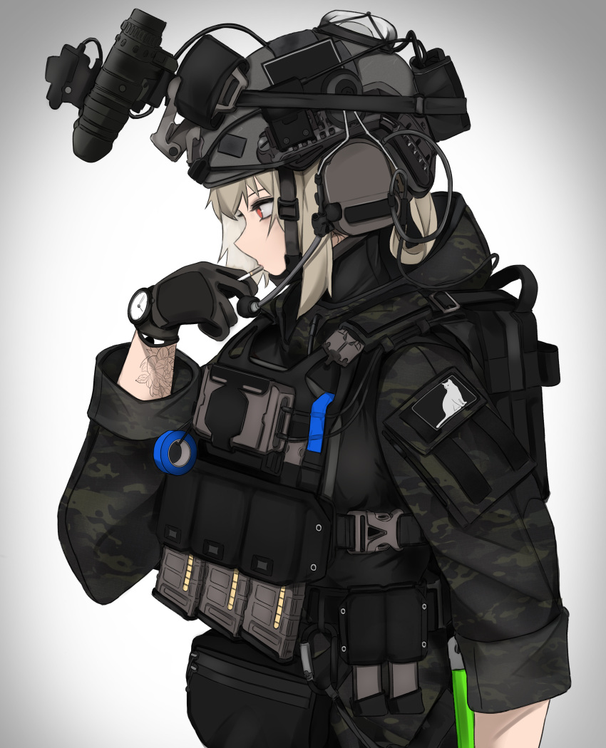 1girl, absurdres, backpack, bag, bulletproof_vest, camouflage_print, candy, cat