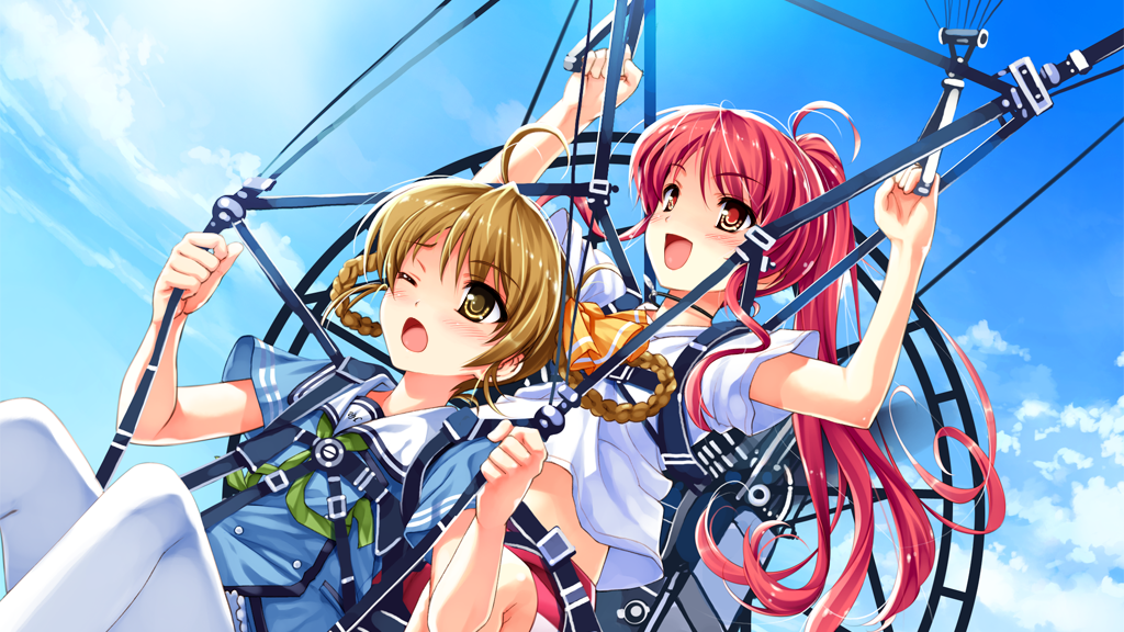 2girls, :d, ahoge, bangs, blue_shirt, blue_sky, blush, braid