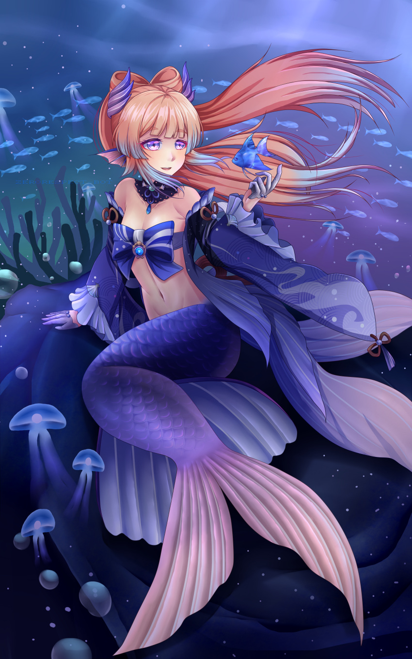 1girl, absurdres, adapted_costume, alternate_costume, bangs, bare_shoulders, blunt_bangs, collarbone, commentary_request, detached_sleeves, eyebrows_visible_through_hair, fish_tail, genshin_impact, gloves, gradient_hair, highres, huge_filesize, jellyfish, long_hair, looking_away, mermaid, midriff, monster_girl, monsterification, multicolored_hair, navel, ocean, parted_lips, pink_hair, purple_gloves, sangonomiya_kokomi, sidelocks, sitting, smile, tail, thick_eyebrows, trait_connection, underwater, violet_eyes, vision_(genshin_impact), wide_sleeves, zerorespect_bot