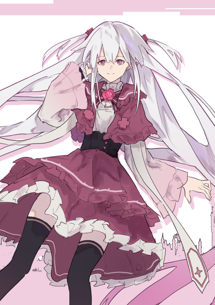 1girl, bow, bowtie, collar, cross, dress, feet_out_of_frame, frilled_dress