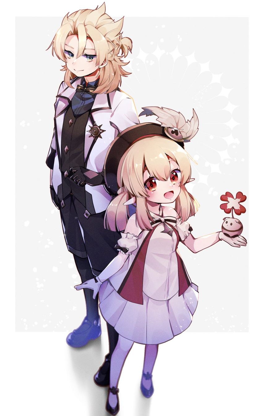 1boy, 1girl, :d, absurdres, ahoge, albedo_(genshin_impact), bangs, black_footwear