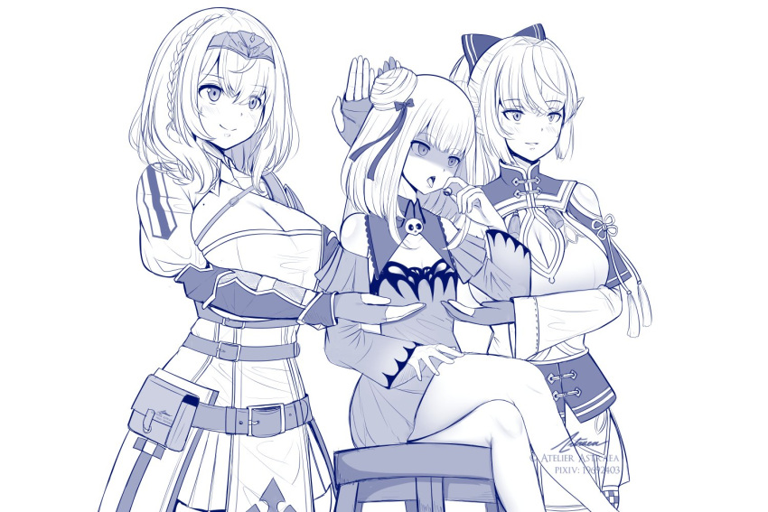 3girls, artist_name, astraea_(atelierastraea), belt, bow, braid, breasts, cleavage_cutout, clothing_cutout, copyright, crossed_legs, crown_braid, detached_sleeves, double_bun, dress, fingerless_gloves, flat_chest, gloves, greyscale, hair_bow, hololive, huge_breasts, large_breasts, meme, monochrome, multiple_girls, partially_fingerless_gloves, pixiv_id, ponytail, pouch, servants_holding_aphrodite's_breasts_(meme), shaded_face, shirogane_noel, short_dress, shuumatsu_no_valkyrie, signature, sitting, stool, uruha_rushia, vambraces