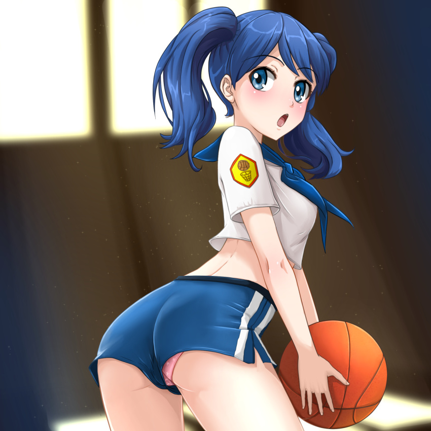 1girl, :o, ass, ball, bangs, basketball, blue_eyes, blue_hair, blue_neckwear, blue_shorts, blush, breasts, commentary, crop_top, emblem, everlasting_summer, eyebrows_visible_through_hair, from_side, highres, holding, holding_ball, huyase, indoors, light_particles, looking_at_viewer, midriff, open_mouth, panties, pink_panties, samantha_reed_smith, shirt, short_shorts, short_sleeves, shorts, solo, surprised, twintails, underwear, upper_body, white_shirt, window