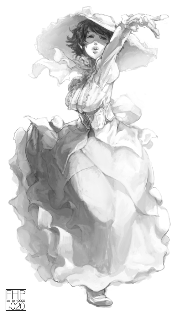 dressed, falcoon, female, hat, monochrome