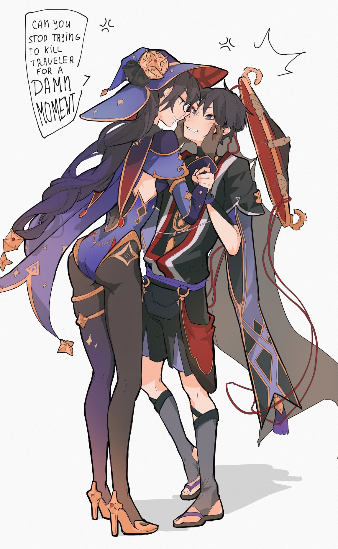 1boy, 1girl, alternate_height, anger_vein, antenna_hair, armor, artwolfaja, bangs