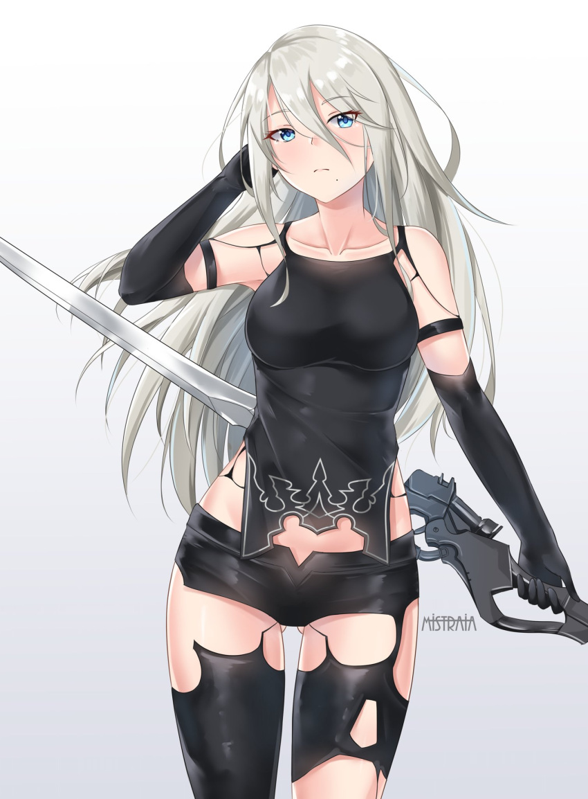 1girl, android, armlet, ass_visible_through_thighs, black_gloves, black_legwear, black_shorts, black_tank_top