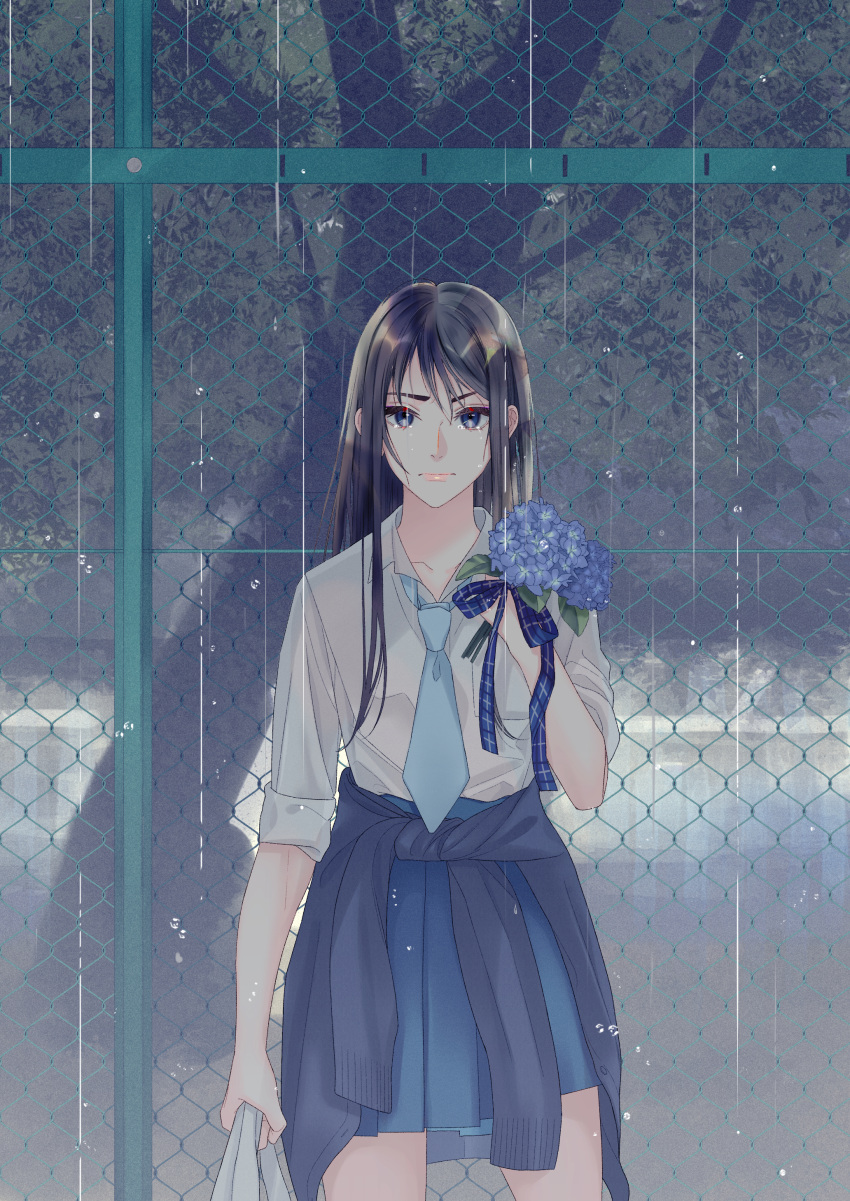 1girl, absurdres, black_hair, blue_eyes, blue_neckwear, blue_skirt, cardigan, cardigan_around_waist, chain-link_fence, clothes_around_waist, cowboy_shot, crying, crying_with_eyes_open, fence, flower, highres, hydrangea, lips, long_hair, miu_888, necktie, original, pleated_skirt, school_uniform, shirt, skirt, solo, standing, tears, tree, white_shirt