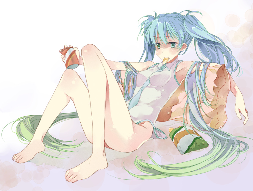armpits, bad_id, bare_legs, barefoot, blue_hair, bottomless, can, chips