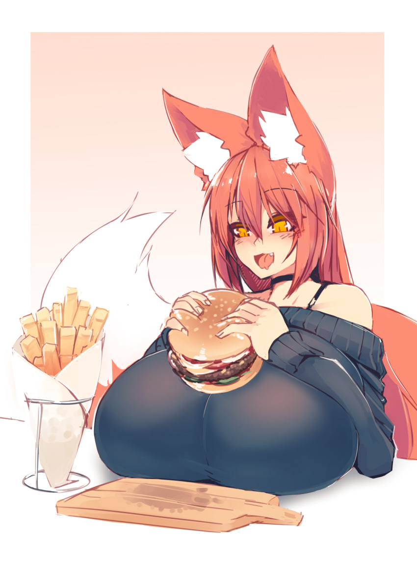 1girl, animal_ear_fluff, animal_ears, bangs, black_choker, breast_rest, breasts, burger