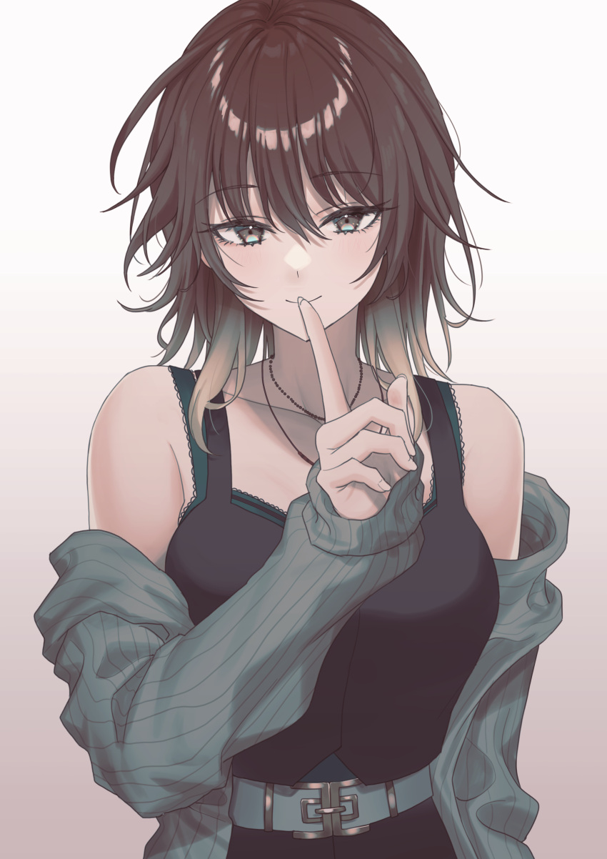 1girl, absurdres, aketa_mikoto, bare_shoulders, belt, blonde_hair, brown_hair, clothes_pull