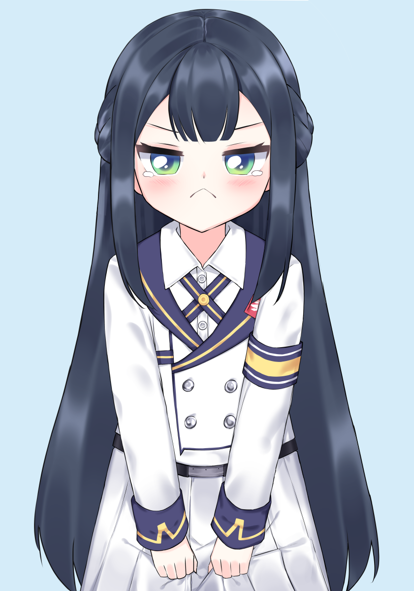 1girl, :<, andvari_(last_origin), angry, blush, braid, dark_blue_hair, ere58531, french_braid, frown, highres, holding, holding_clothes, holding_skirt, last_origin, long_hair, looking_at_viewer, simple_background, skirt, solo, tearing_up, tears, uniform, v-shaped_eyebrows, very_long_hair, white_skirt